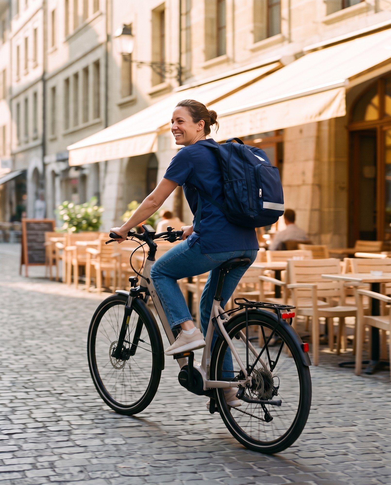 Nurse on an e-bike in a street of Geneva’s Old Town