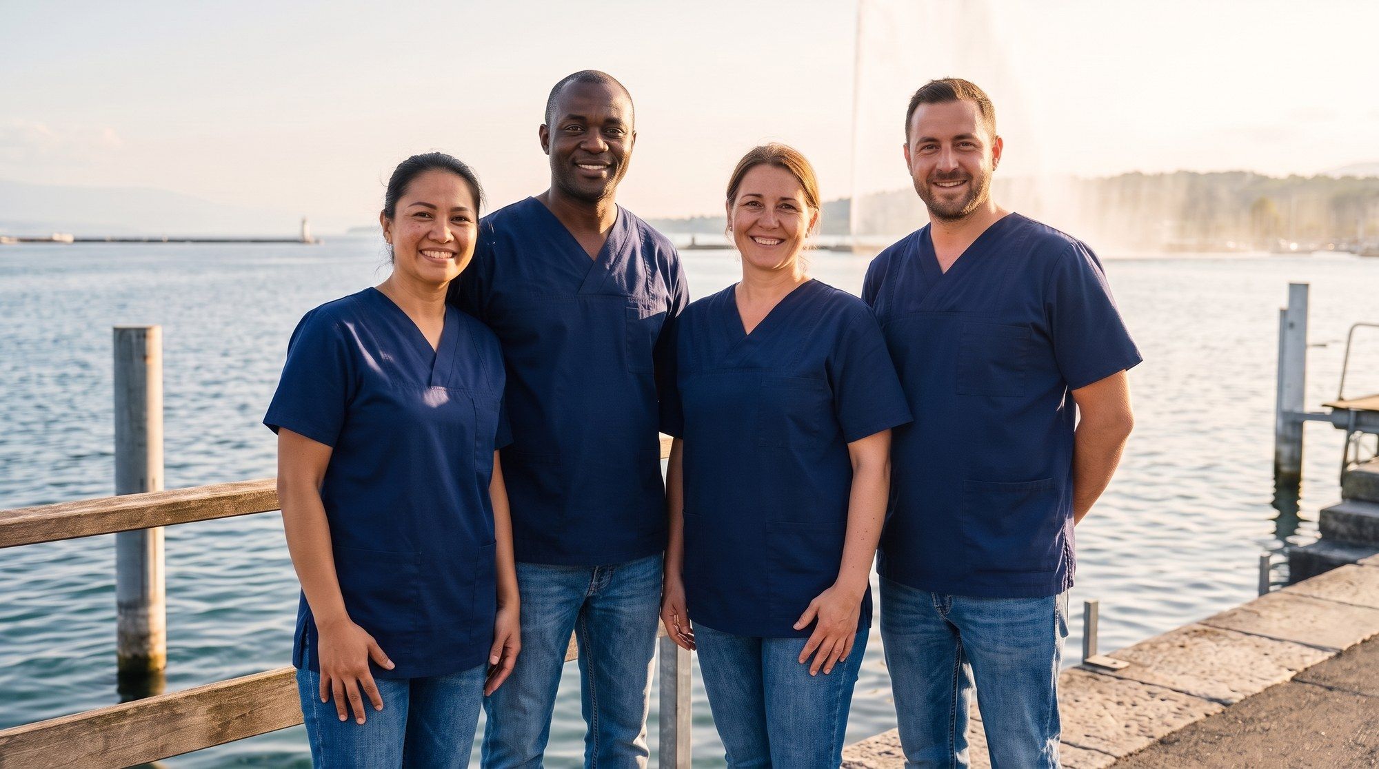 The nursing team by the lake, with the Jet d’Eau in the background